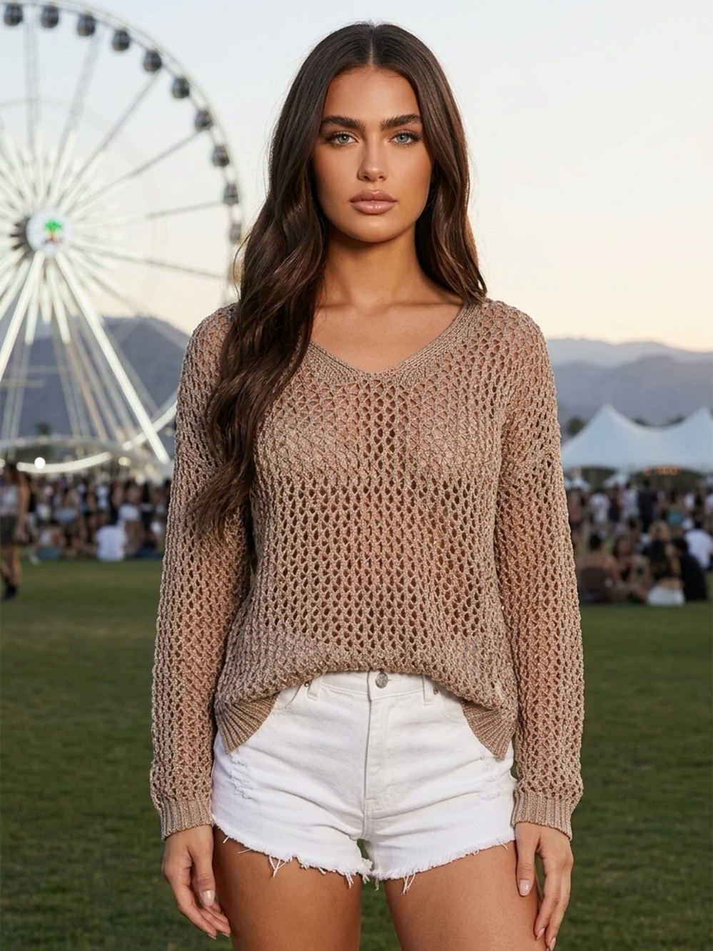 Women's Open-Knit V-Neck Long Sleeve in Taupe
